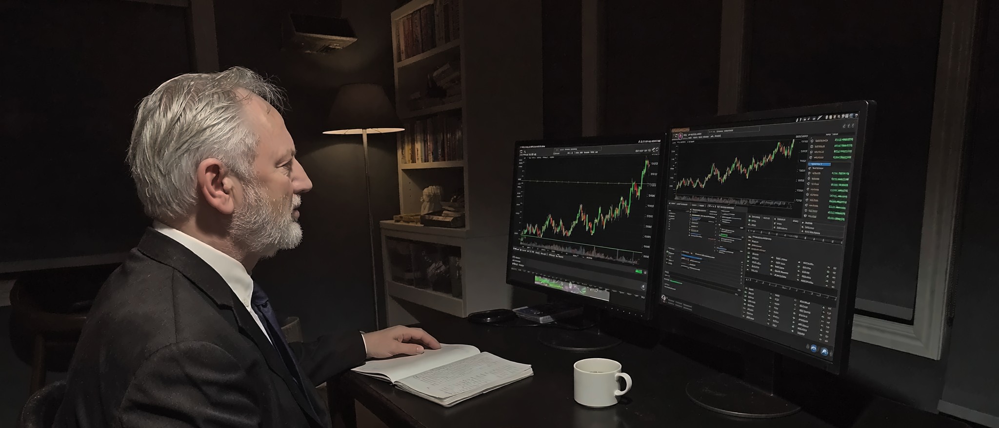 Ian Harvey at work in his study at night, bookshelves behind him and two screens on the desk