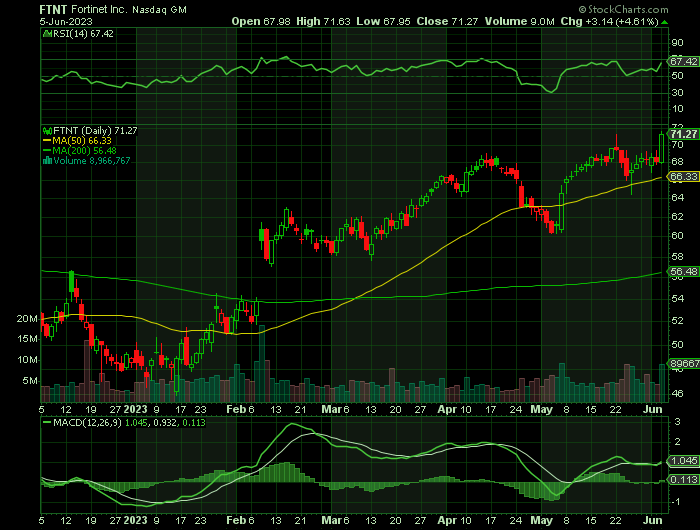 FTNT price chart at the time of the documented weekly call trade