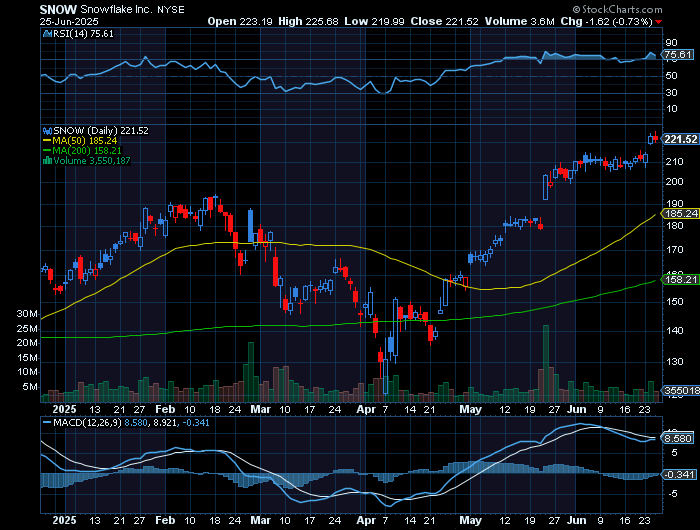 SNOW price chart at the time of the documented weekly call trade