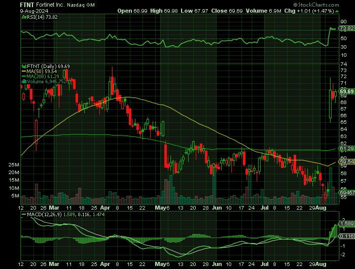 FTNT price chart at the time of the documented weekly call trade