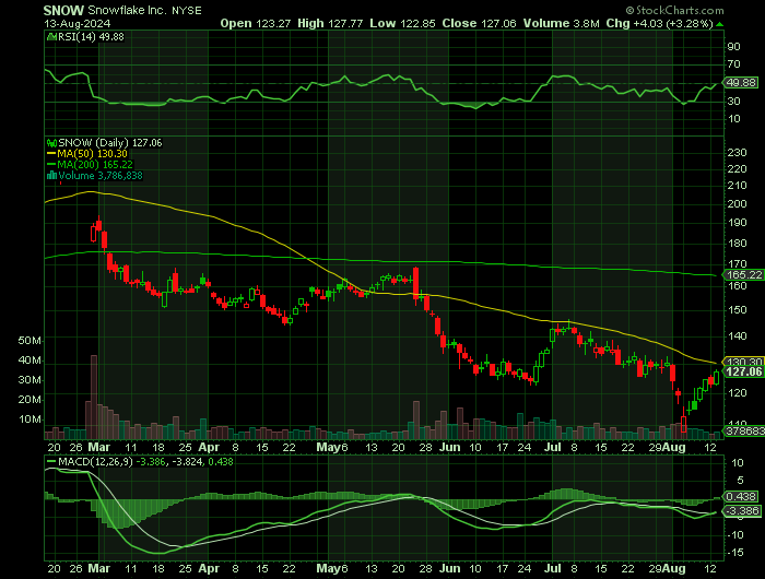 SNOW price chart at the time of the documented weekly call trade