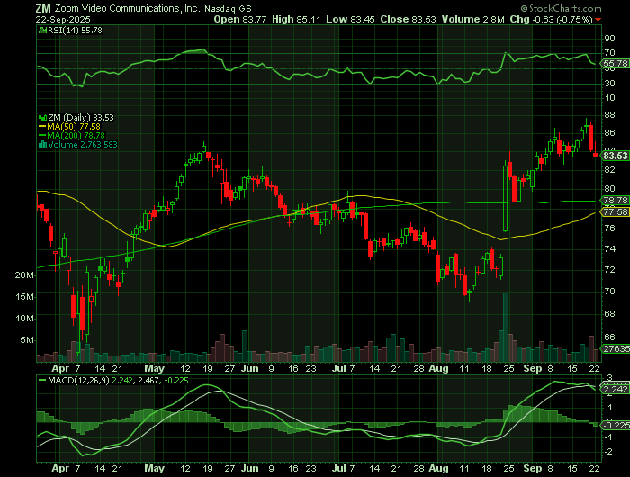 ZM price chart at the time of the documented weekly call trade