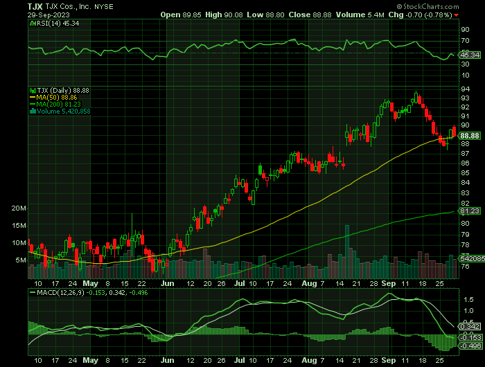 TJX price chart at the time of the documented weekly call trade